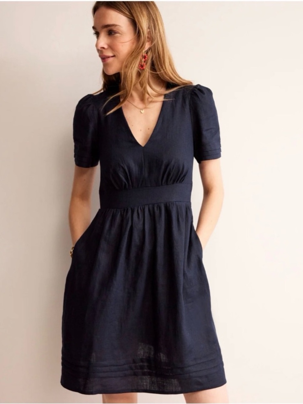 BODEN Eve Navy Blue Linen Short Dress Coastal Quiet Luxury Euro‎ Summer 20-22R